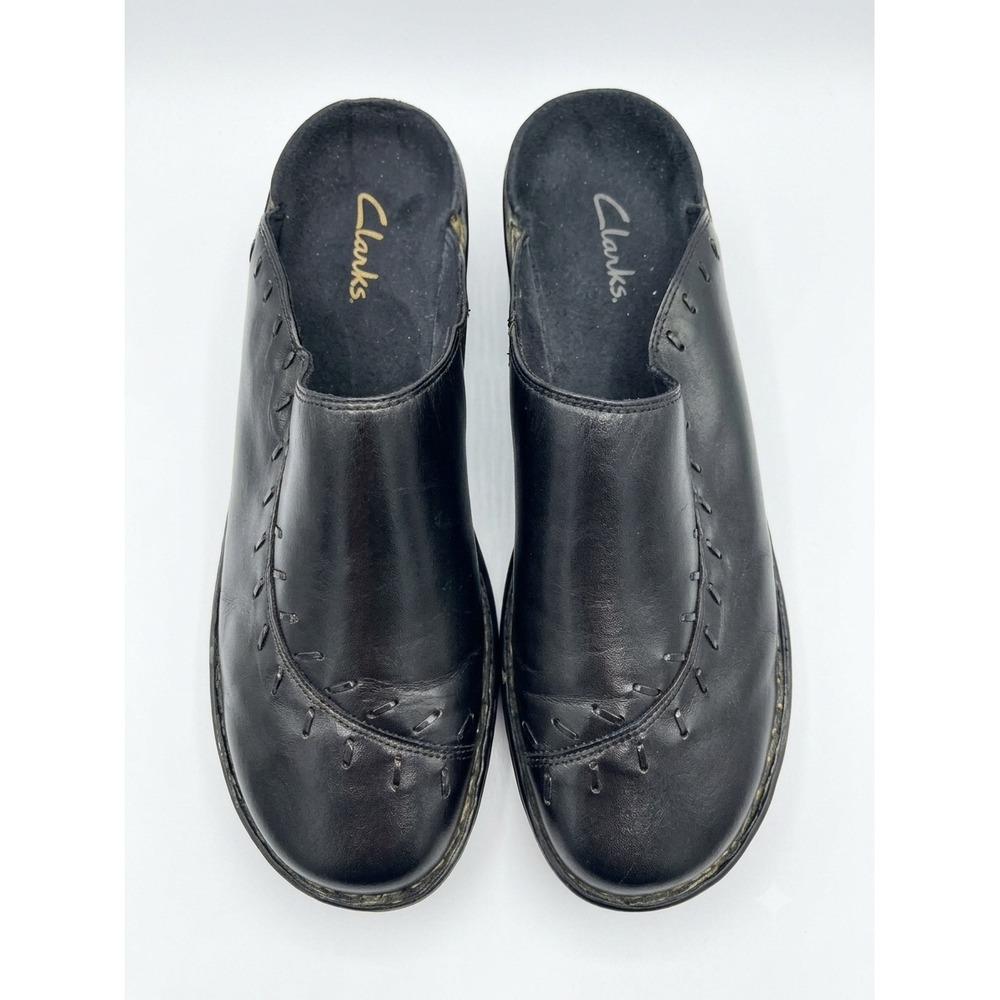 Clarks Women Black Leather Minimalist Mules Whipstitch Walking Slip On Shoes 11M